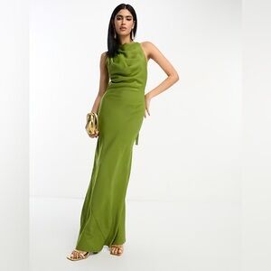ASOS DESIGN satin cowl back maxi dress with buckle strap detail in olive